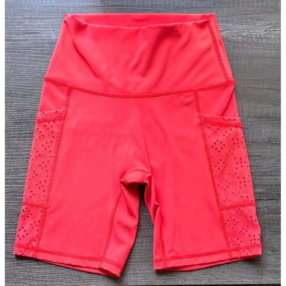 Aerie Neon Coral‎ Eyelet Pocket Bike Shorts S High Rise Athletic Summer *FLAW*
